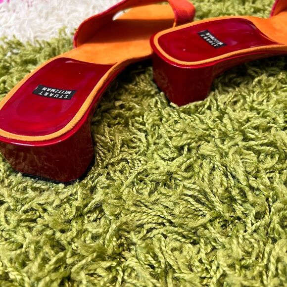 ♥️ STUART WEITZMAN Vintage Leather Orange Red Slip on Open Toe Sandals size 8 - Picture 10 of 13